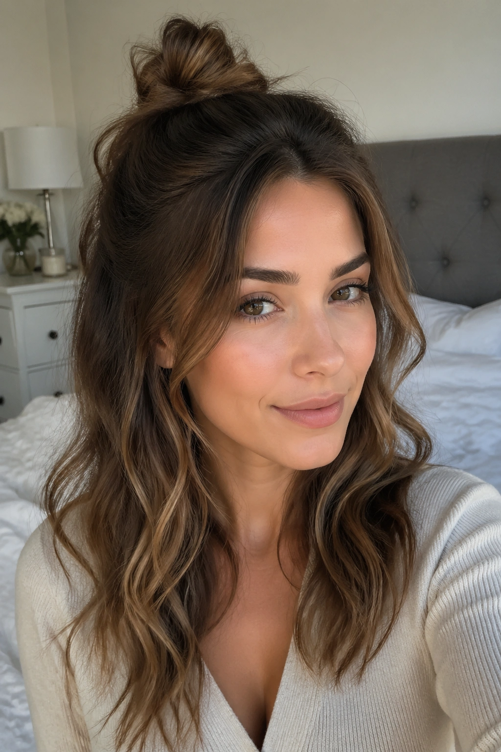 Close-up portrait of a woman with a half-up top knot and waves.