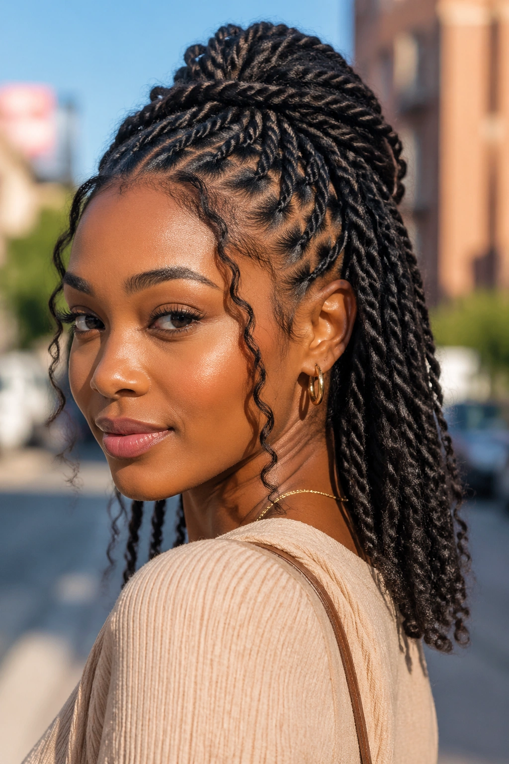 Close-up of a real woman with a half-up twist ponytail in an outdoor setting