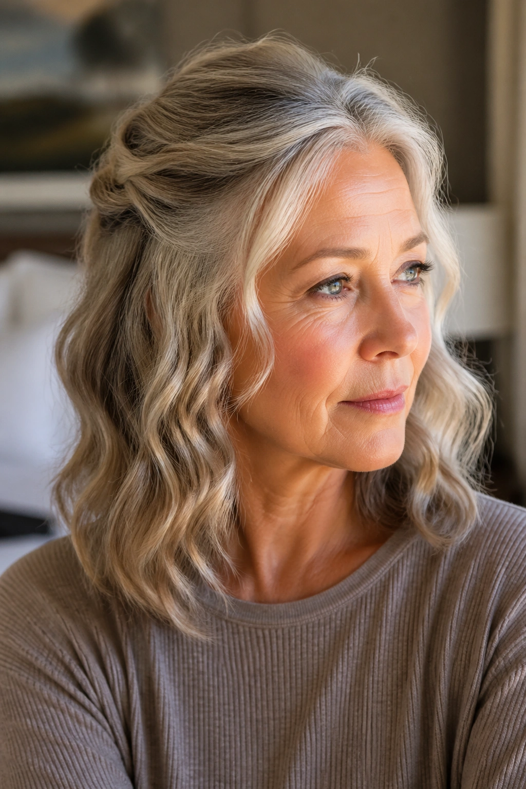 Close-up of a real woman with a half-up twist on loose waves, crown twist and flowing waves