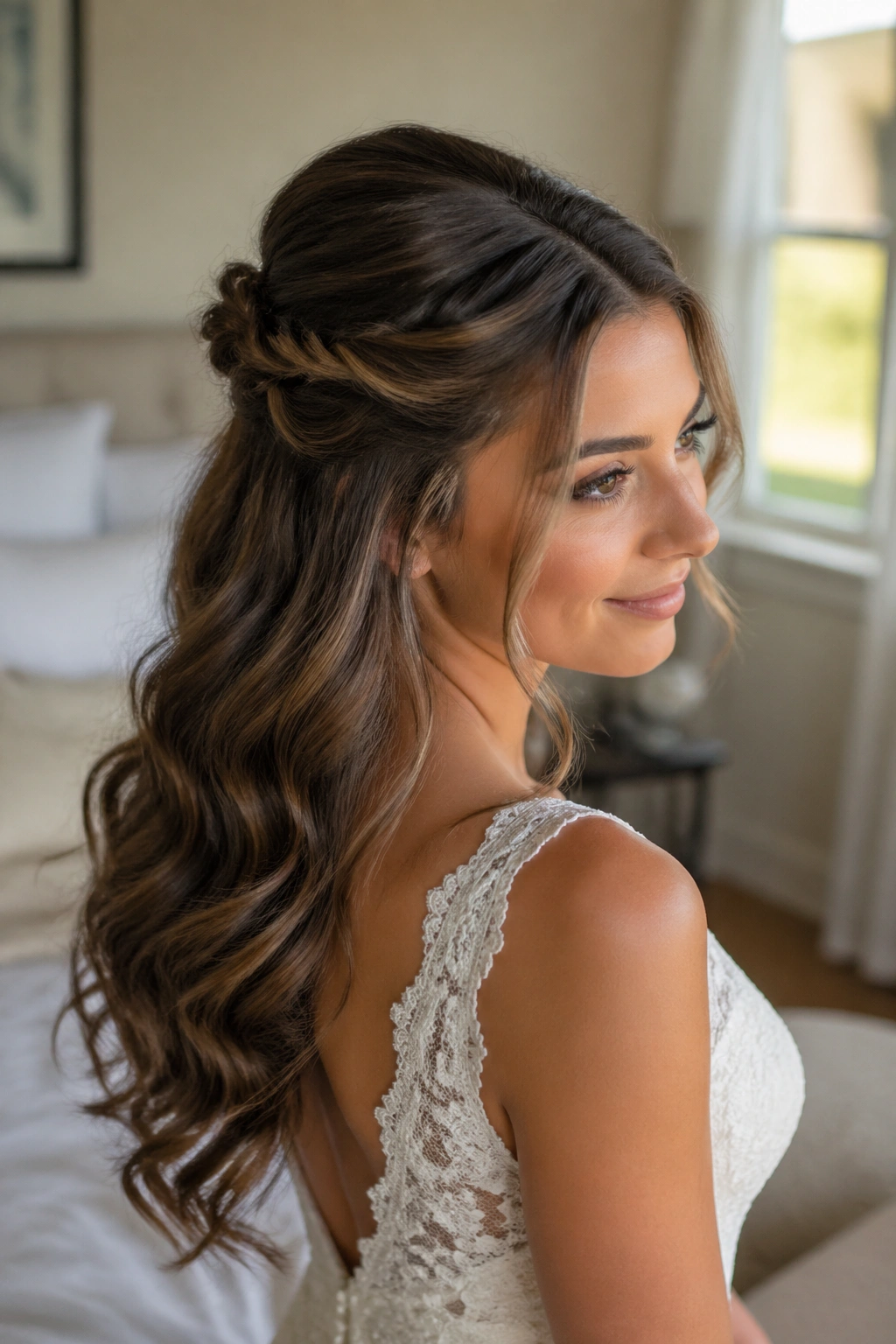 Real woman with half-up twist and flowing waves