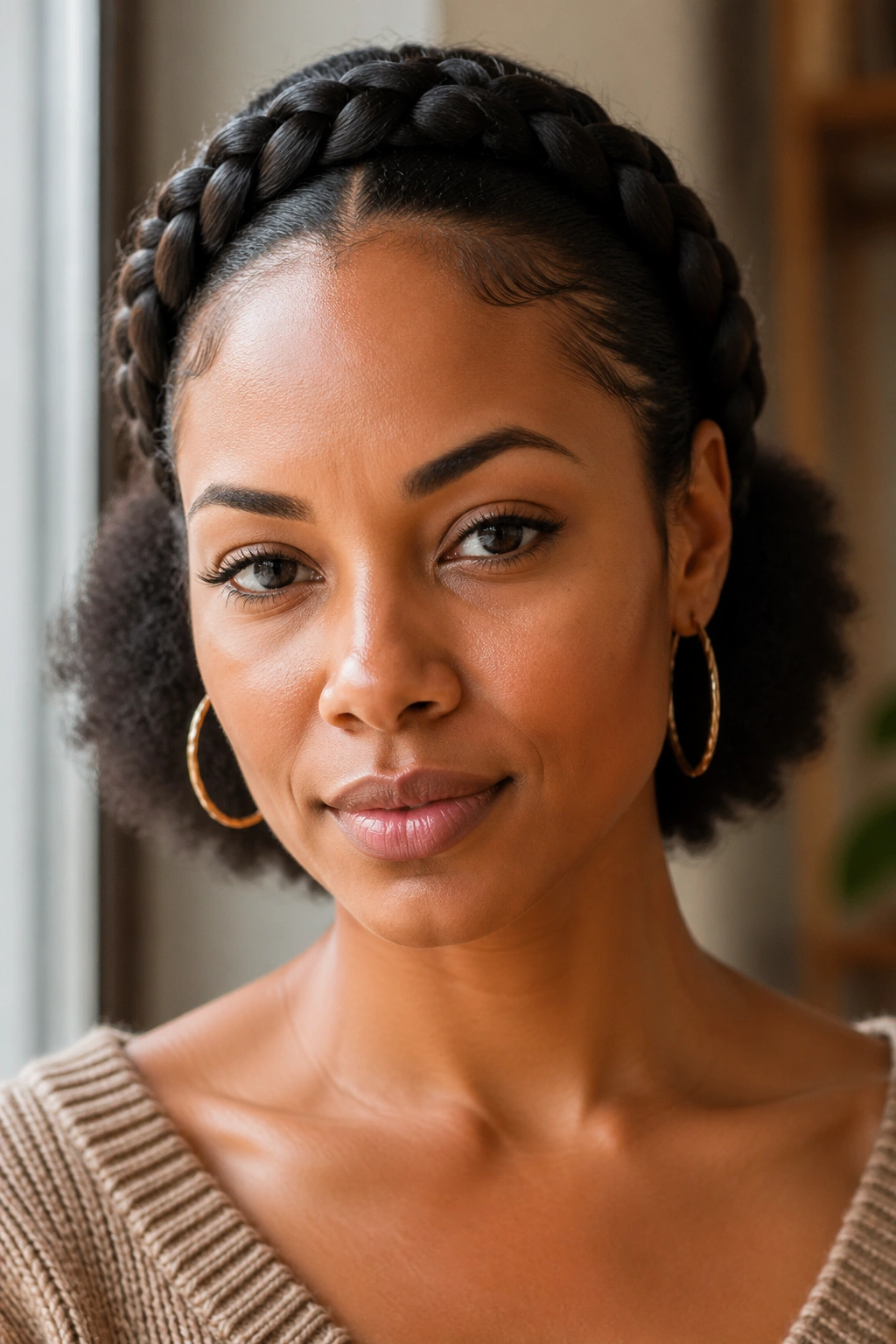 Close-up of a real woman wearing halo braid with loose Afro at the back