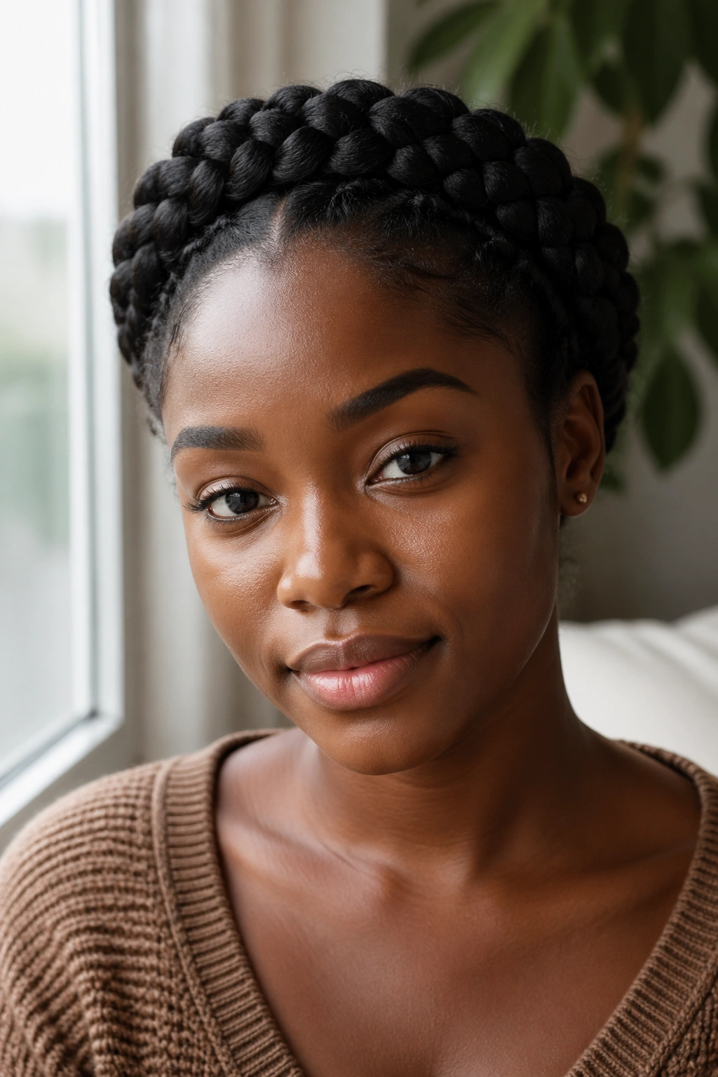Close-up of a person wearing a halo braid around the crown