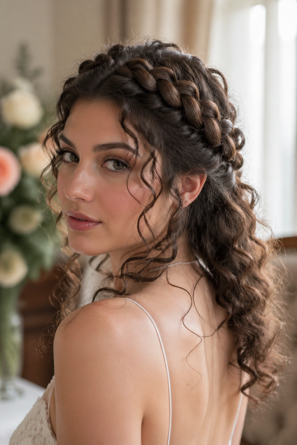 Close-up portrait of Halo Braid With Loose Tendrils hairstyle on a real woman, with tendrils framing the face