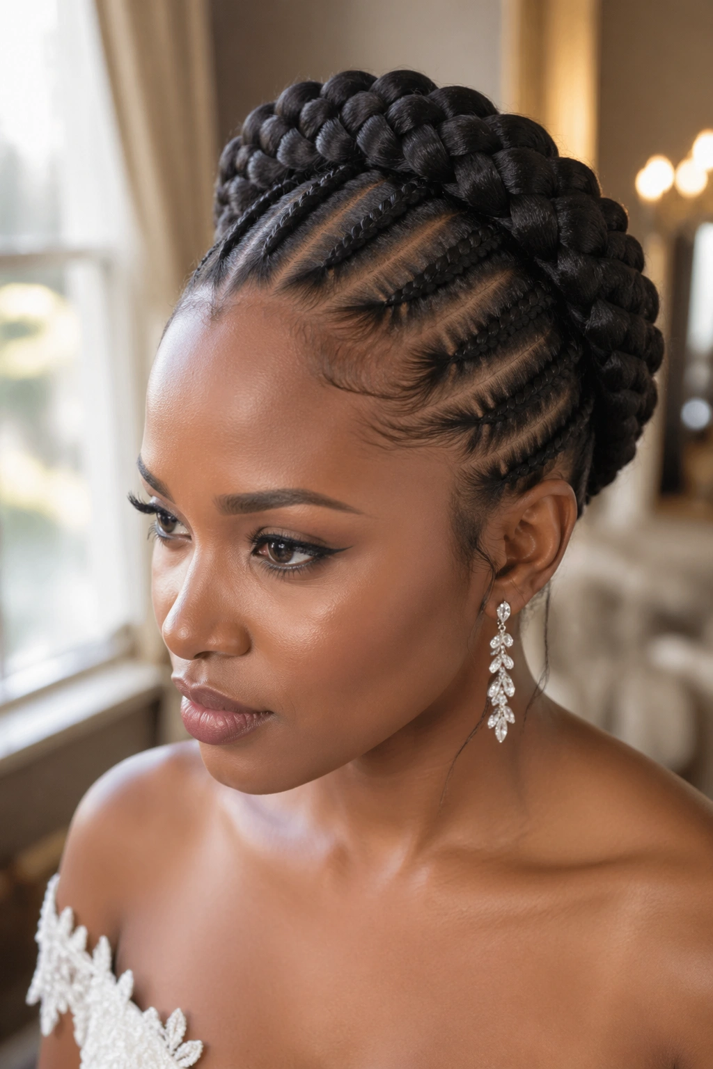 Halo cornrow wrap on a real woman showing a circular crown braid around the head