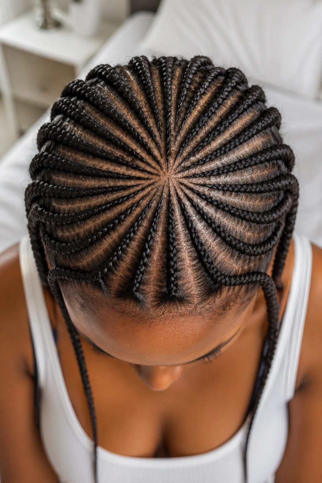 Overhead view of crown with halo-pattern cornrows radiating outward.