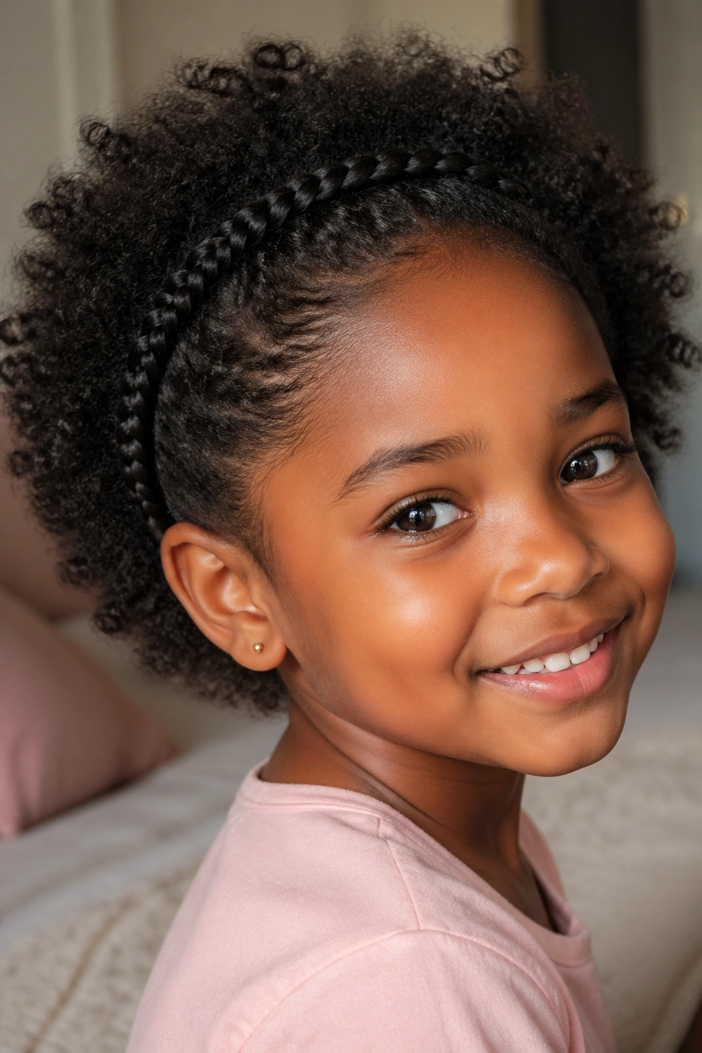 Close-up of real child with halo crown needle braid