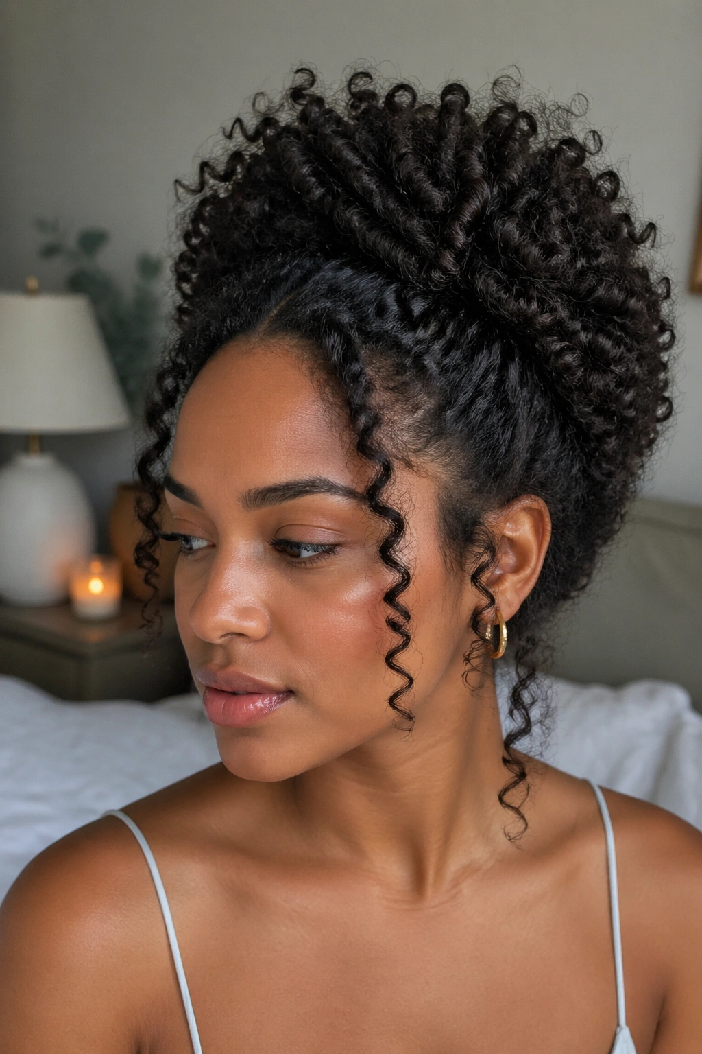 Real person with halo crown hairstyle on thick curls