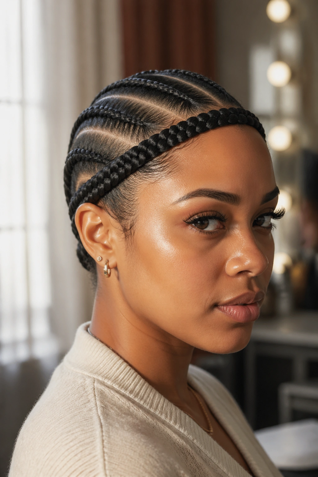 Close-up portrait of a real woman with five straight back braids and a halo wrap across the forehead