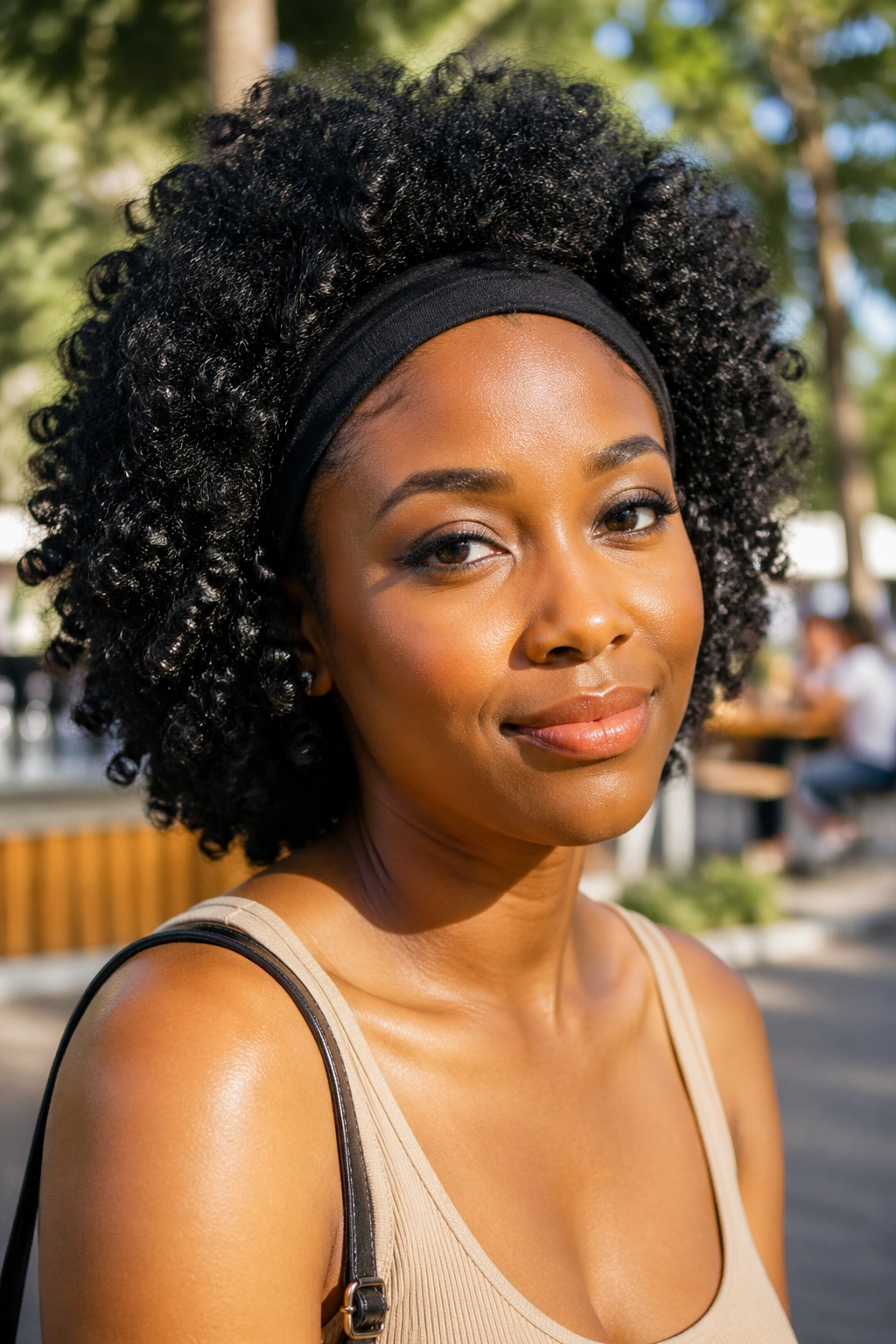 Real person wearing springy afro with attached headband in outdoor setting.