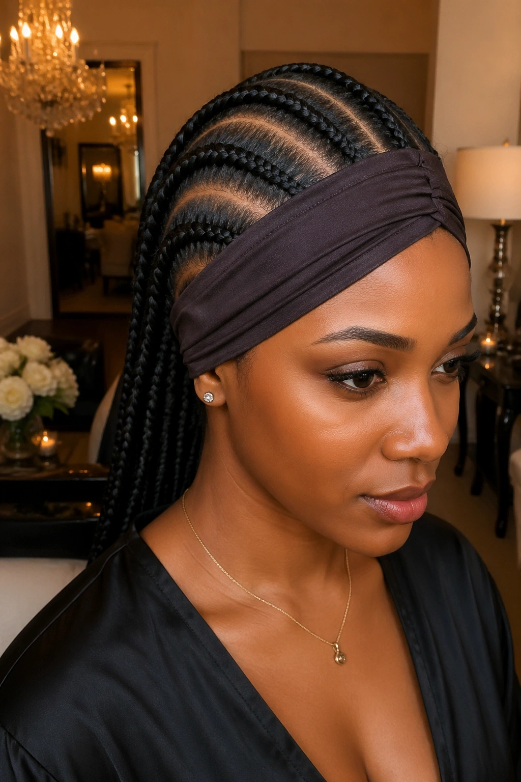 Close-up of a real person with cornrows wrapped under a wide headband.