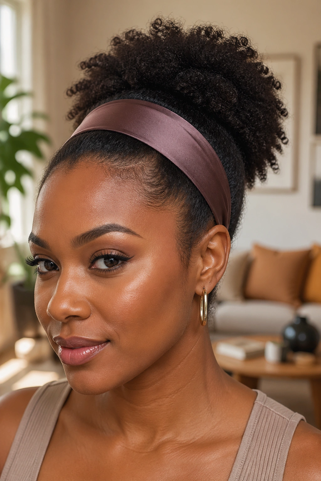 Portrait of a real woman with a high puff and wide satin headband.