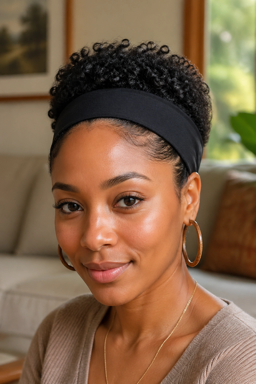 Close-up of a real woman with a wide headband creating an updo on short natural hair.