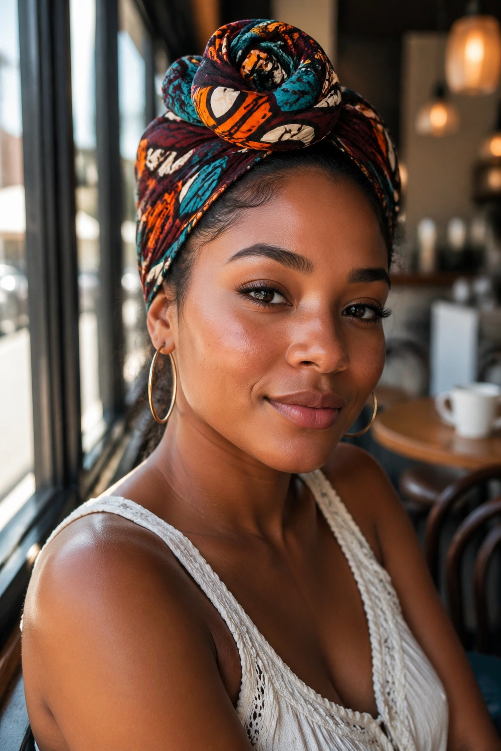 Real woman wearing a colorful headwrap in natural light.