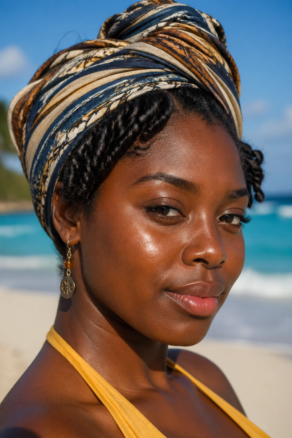 Portrait of a real woman wearing a headwrap protecting twistout at the beach