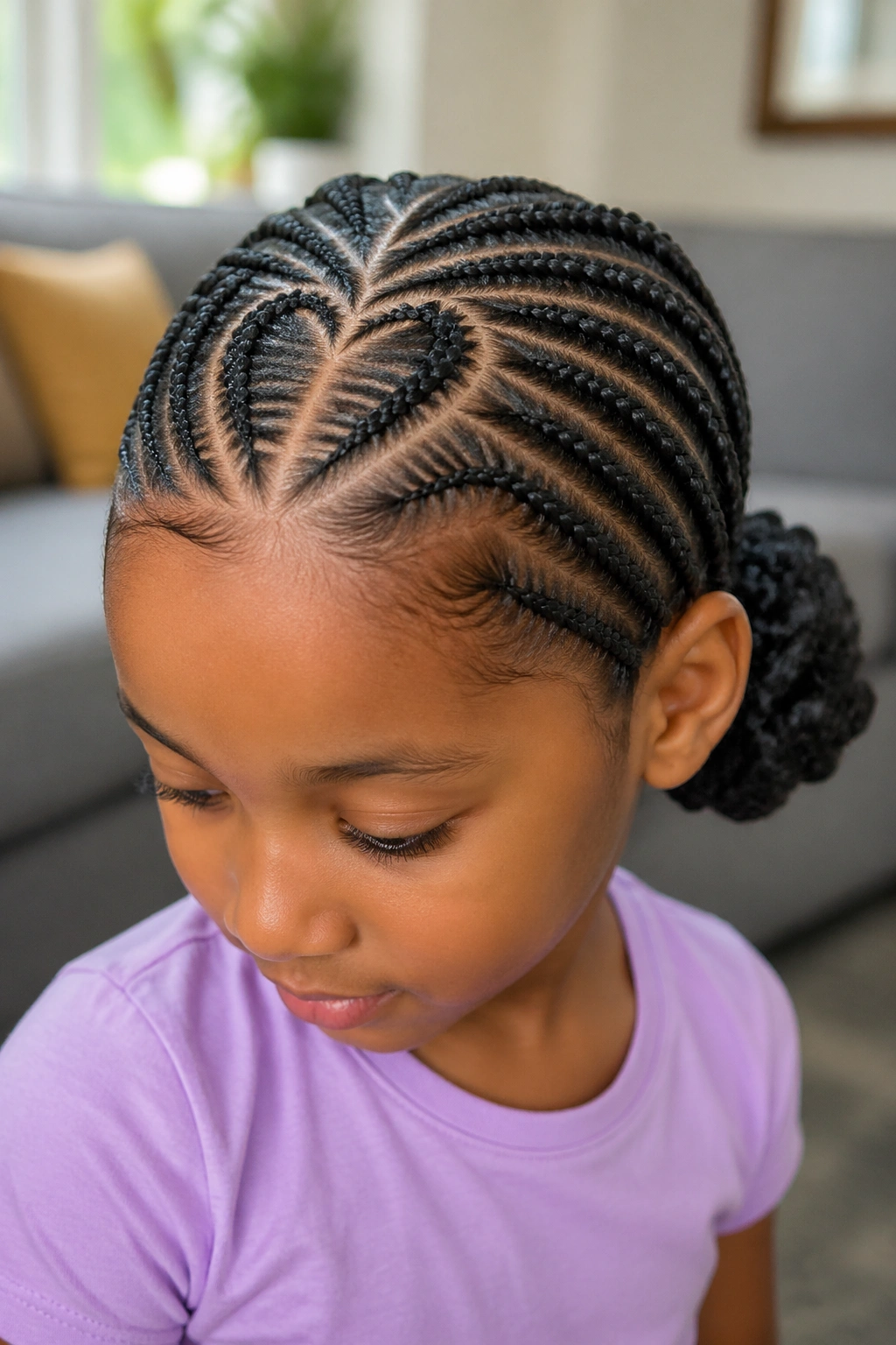 Close-up of real child with heart-shaped front part and needle cornrows