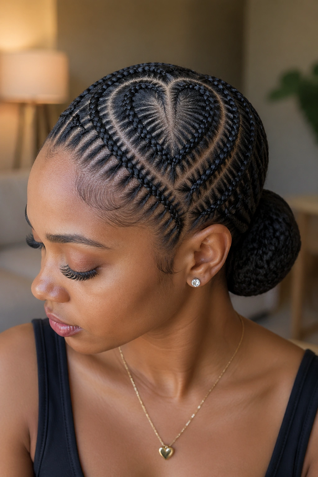 Close-up of real woman with heart-shaped parting atop a low bun