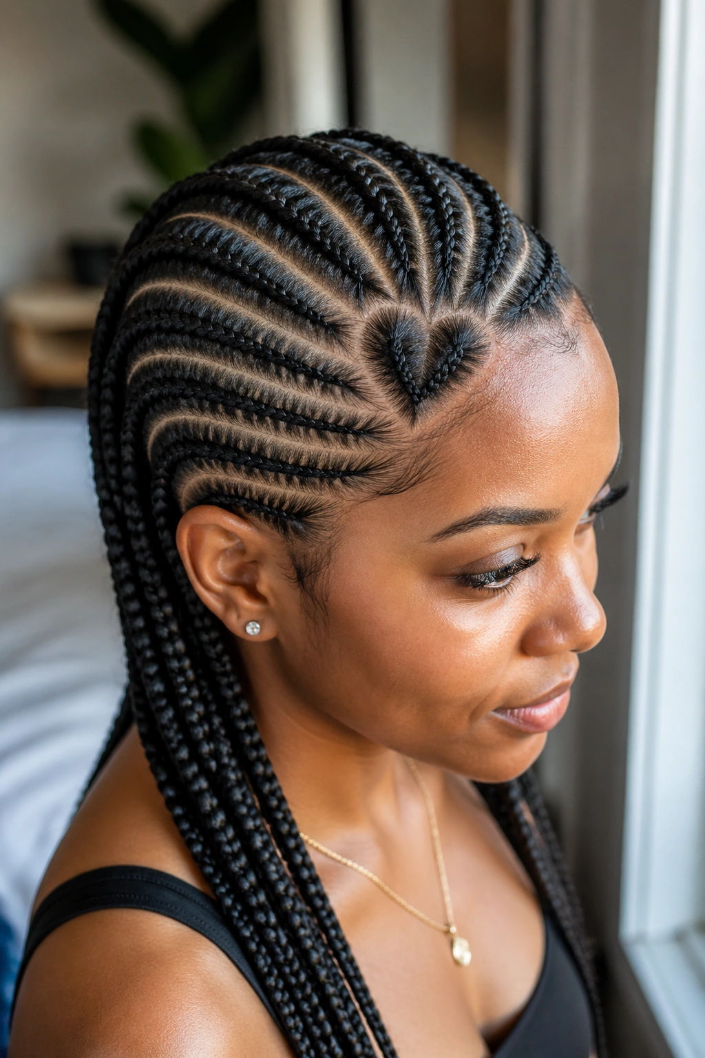 Close-up of real person showing heart-shaped part in feed-in cornrows.