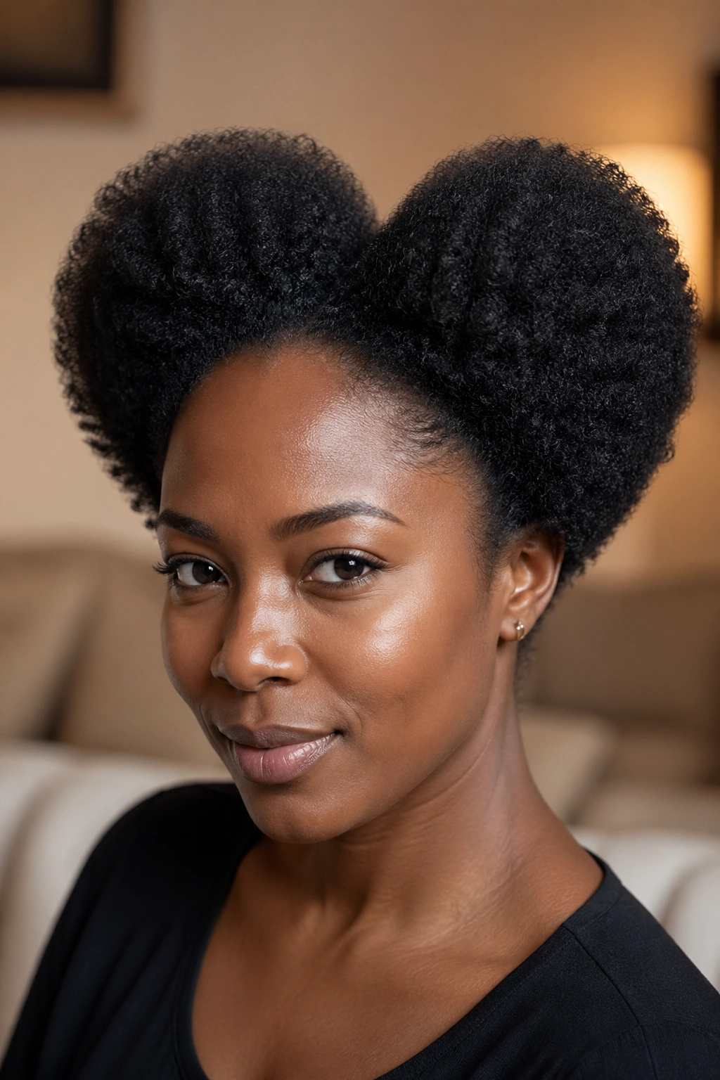 Real woman with heart-shaped afro formed by picking temples and crown