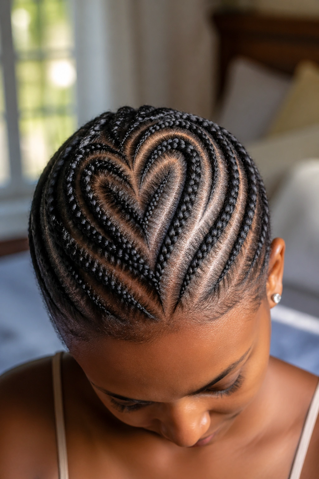 Real person with heart-shaped cornrow crown on short crown
