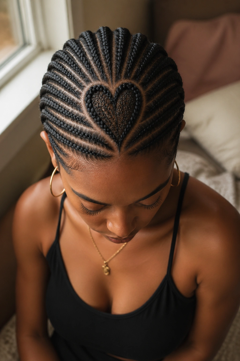 Close-up of a real woman's heart-shaped cornrow part with radiating braids