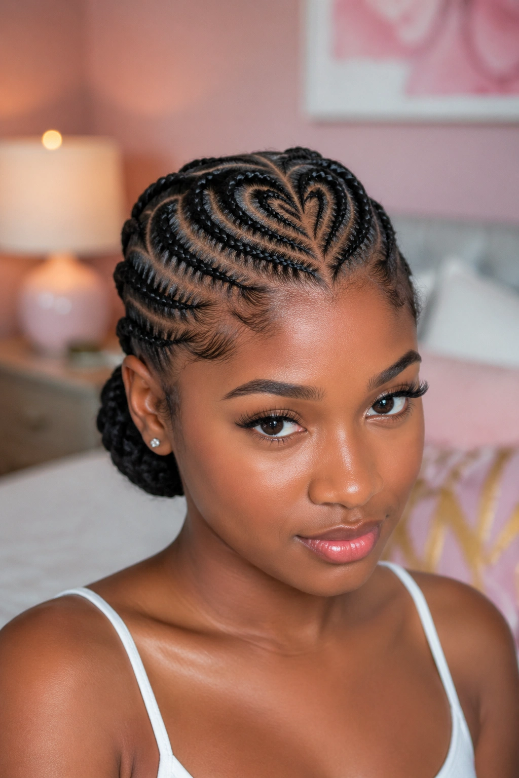 Real woman with a heart-shaped cornrow part and a low bun at the nape.