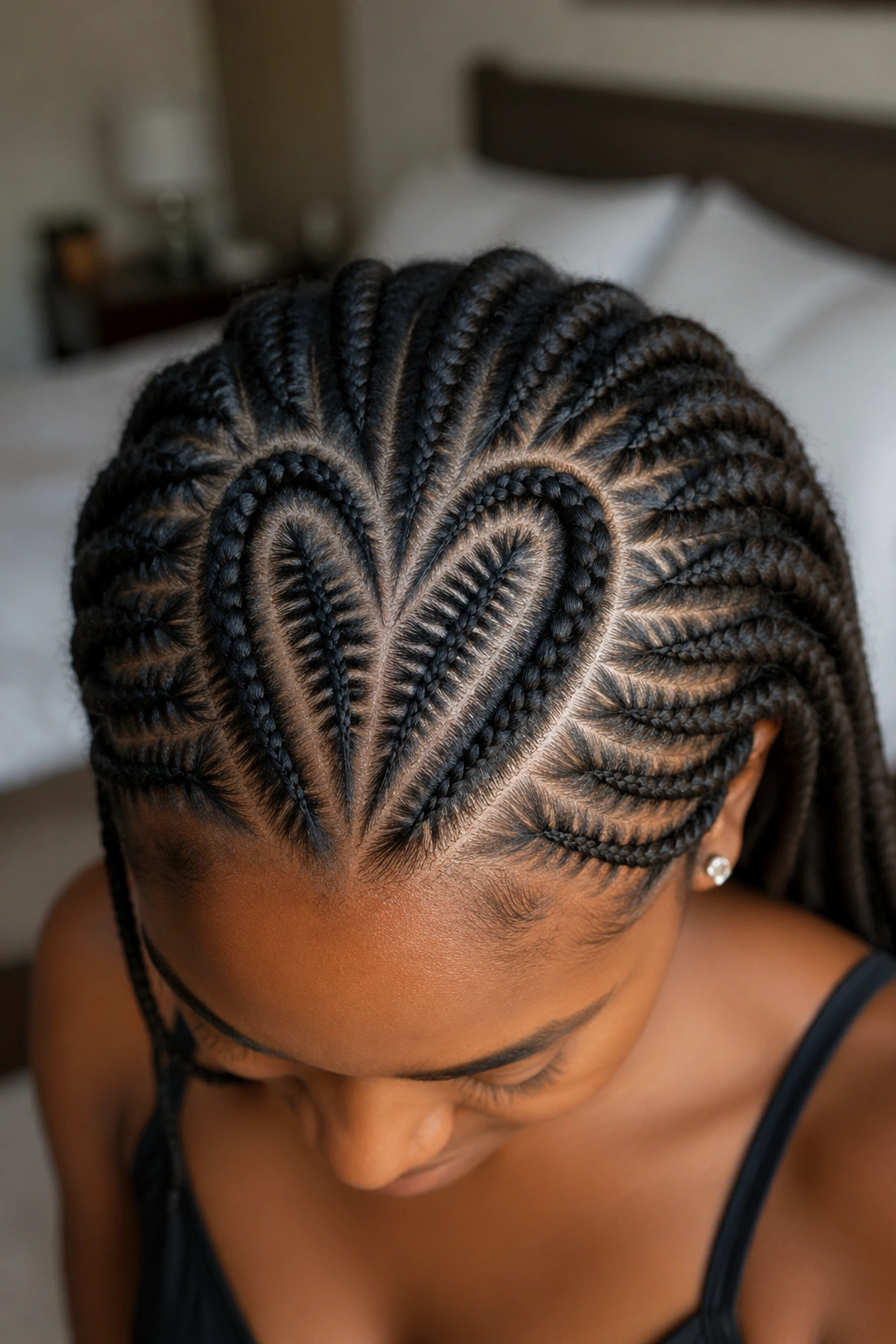 Close-up of a real woman with heart-shaped cornrow pattern on the scalp