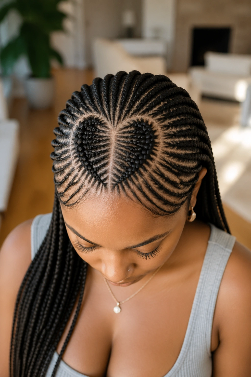 Top-down portrait showing a heart-shaped crown part with radiating small feed-in braids on a real person.