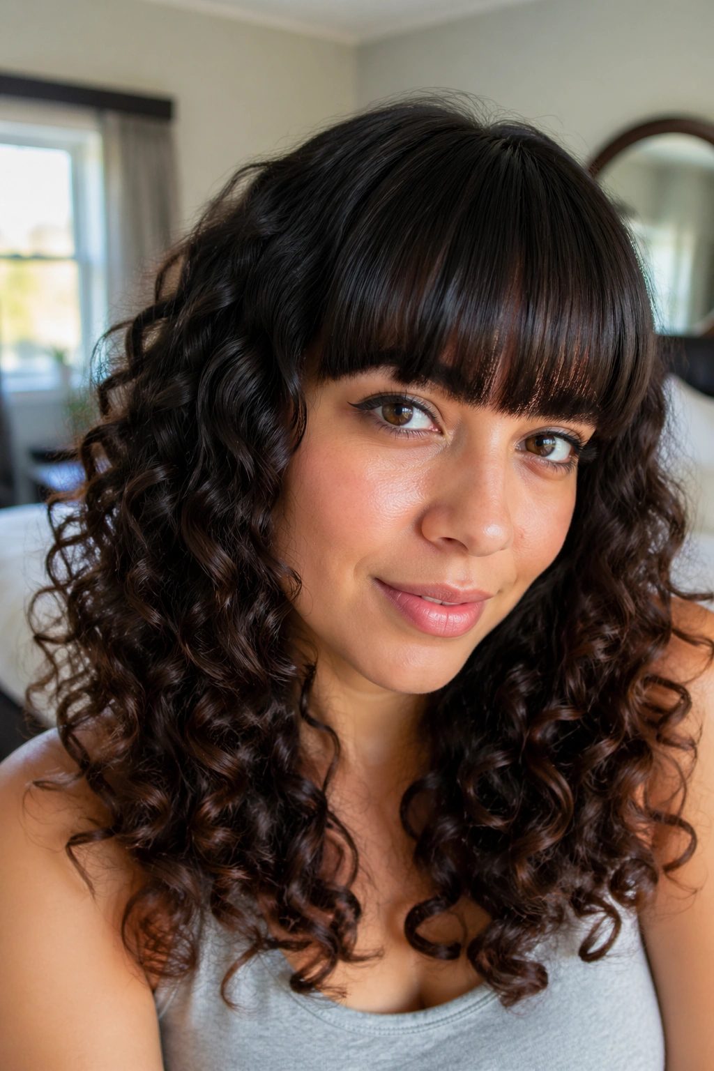 Close-up portrait of a woman with straight glossy bangs and curly hair in a softly lit bedroom