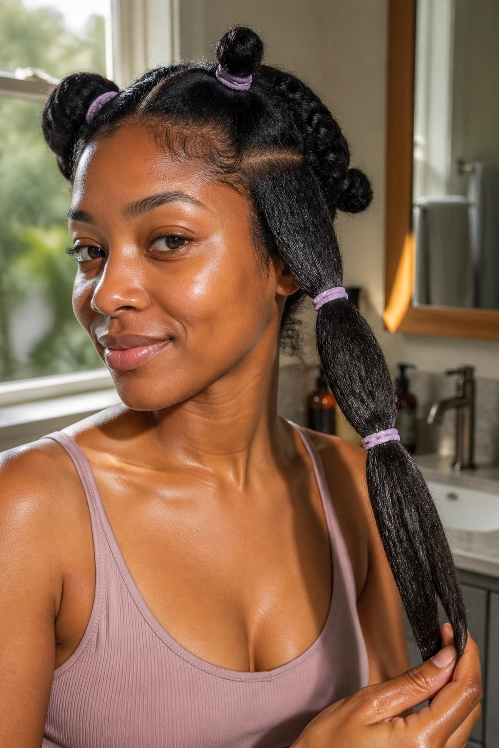 Close-up of hair stretched with heat-free methods showing bands around sections