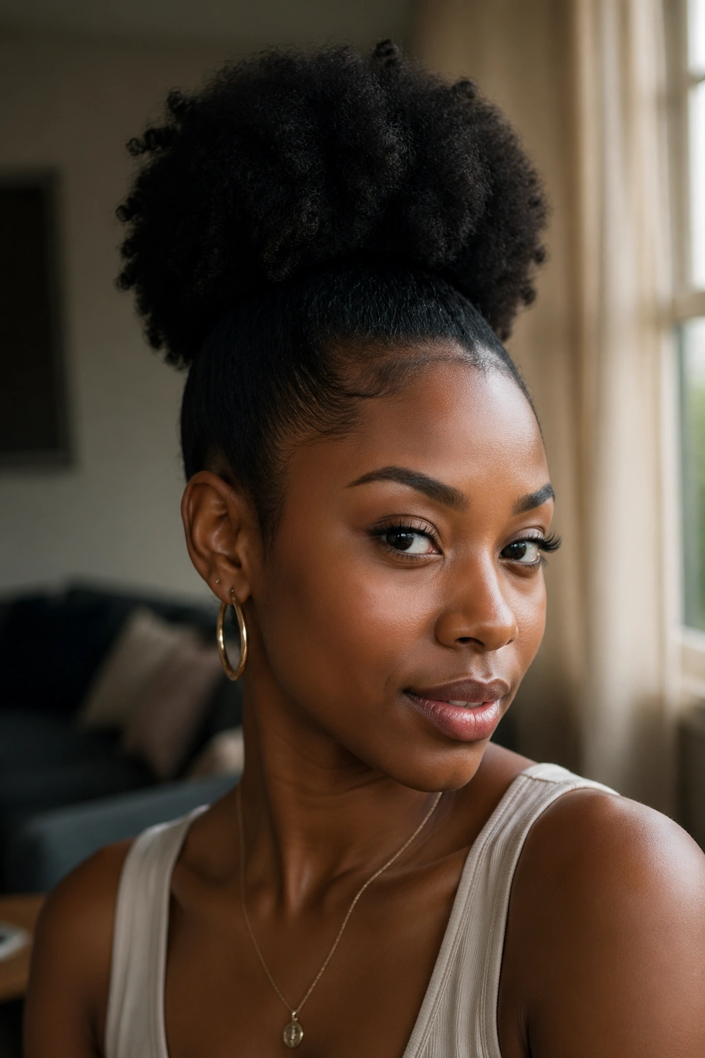 Real woman with a high Afro puff ponytail