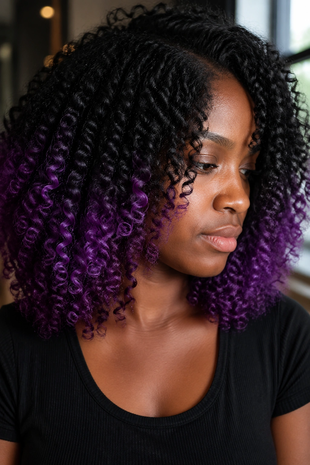 Close-up of black natural hair with bright purple balayage at the ends