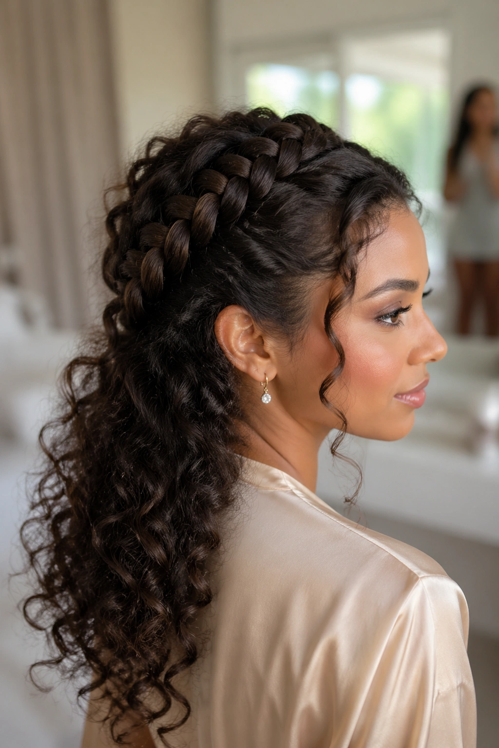 Close-up of a real woman with high crown braid and loose curly ends in a bridal suite