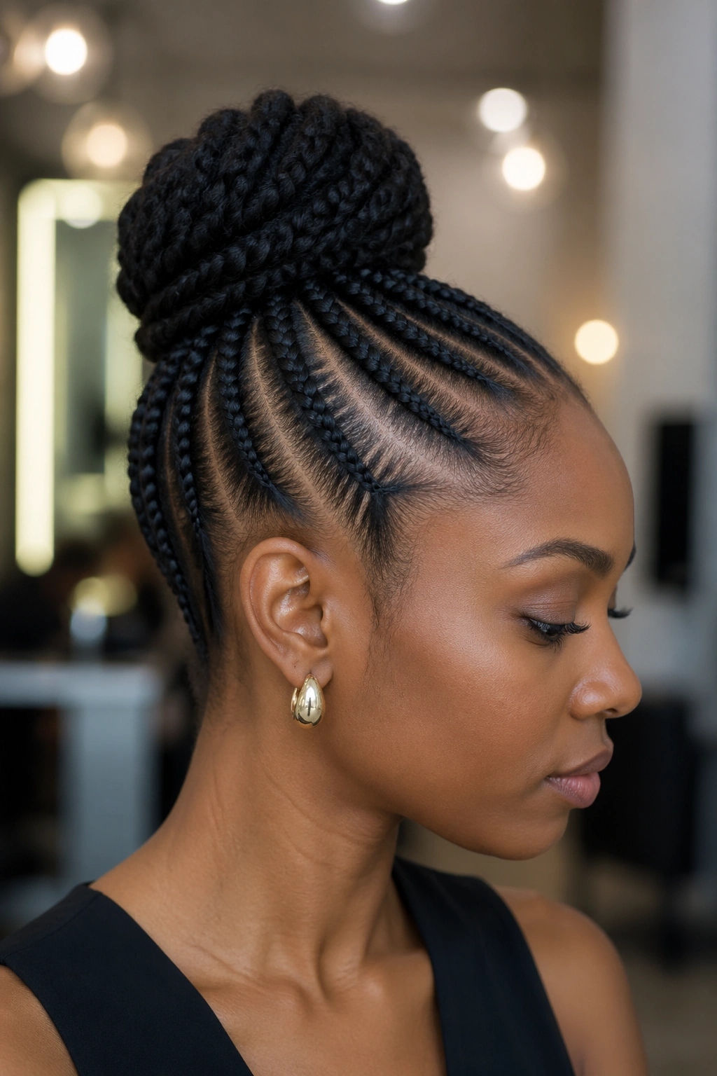 Profile portrait of a woman with a high crown cornrow bun