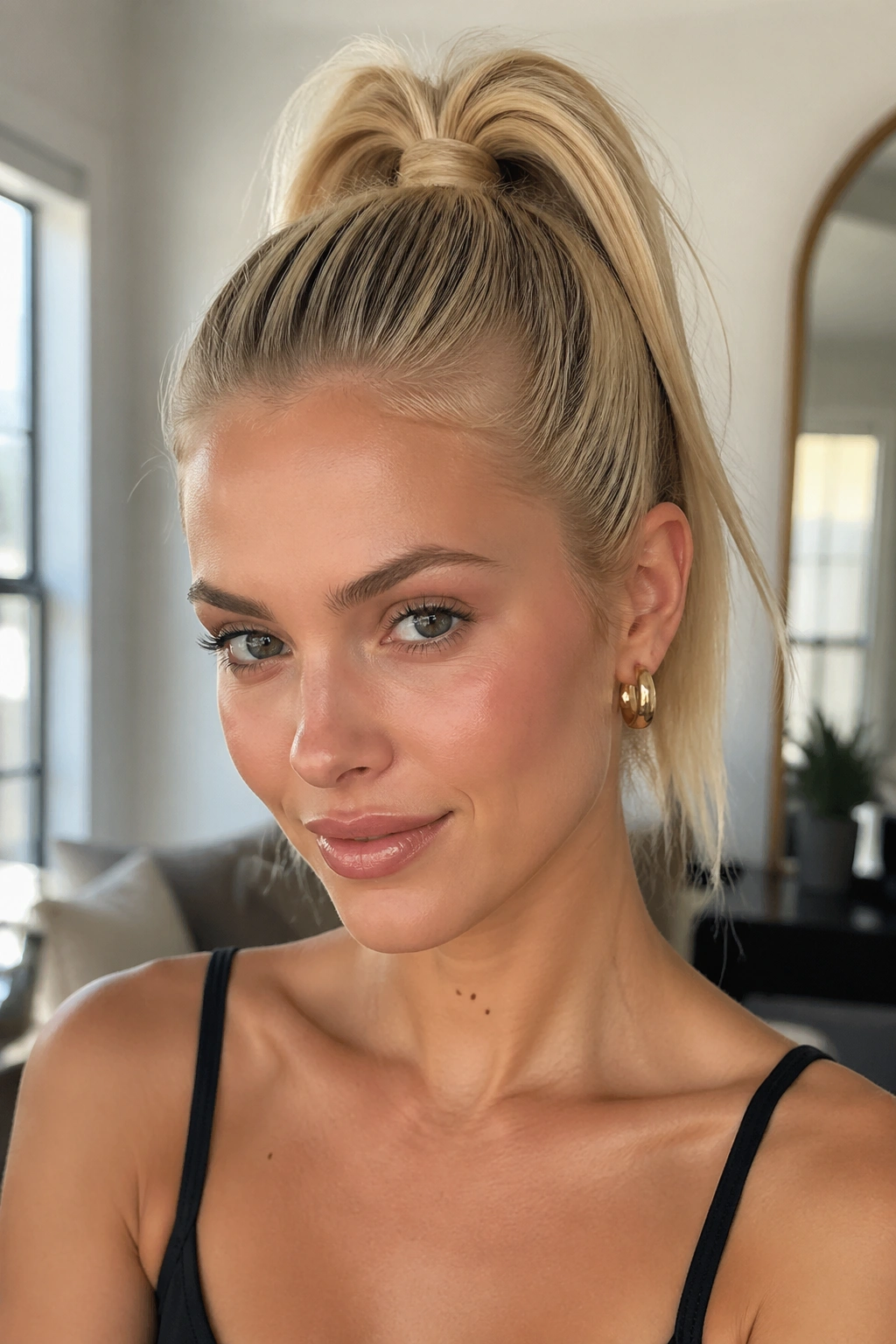 Close-up of a real woman with a high crown-lift blonde ponytail.