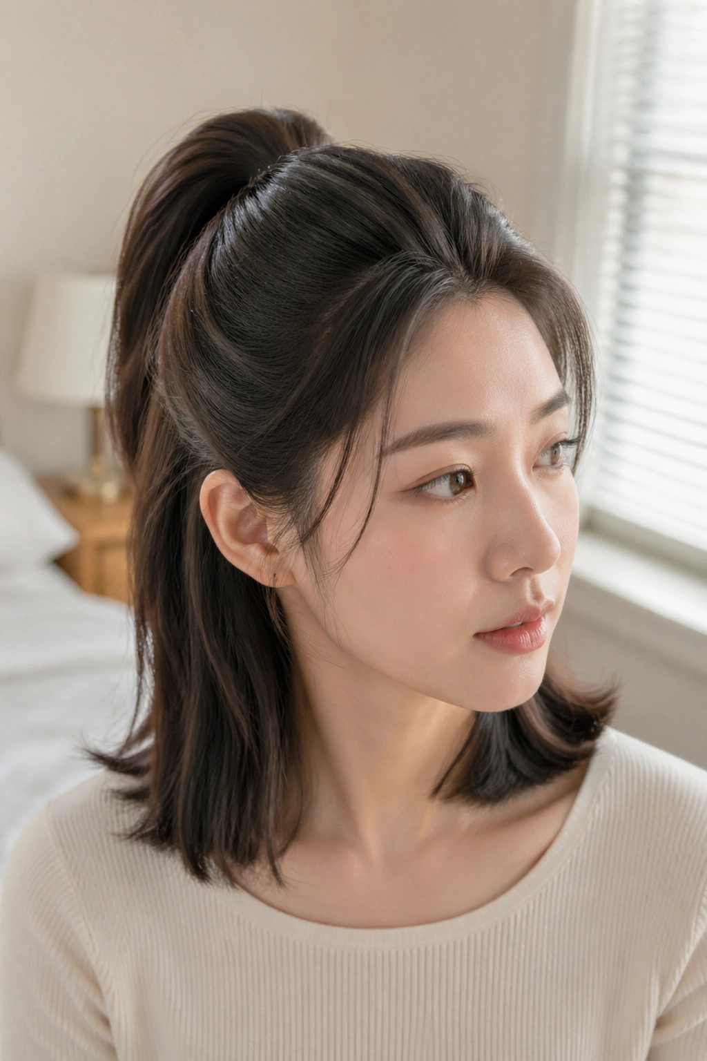 Close-up of a real woman with a high crown puff half ponytail