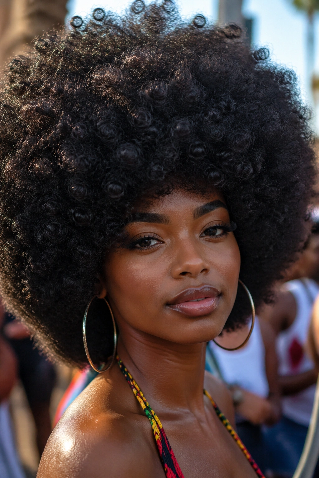 Close-up of real person wearing a high-density full Afro wig with thick volume