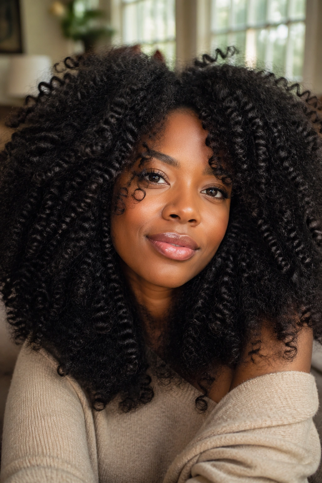 Close-up of a real woman's dense curly hair showing high density and volume