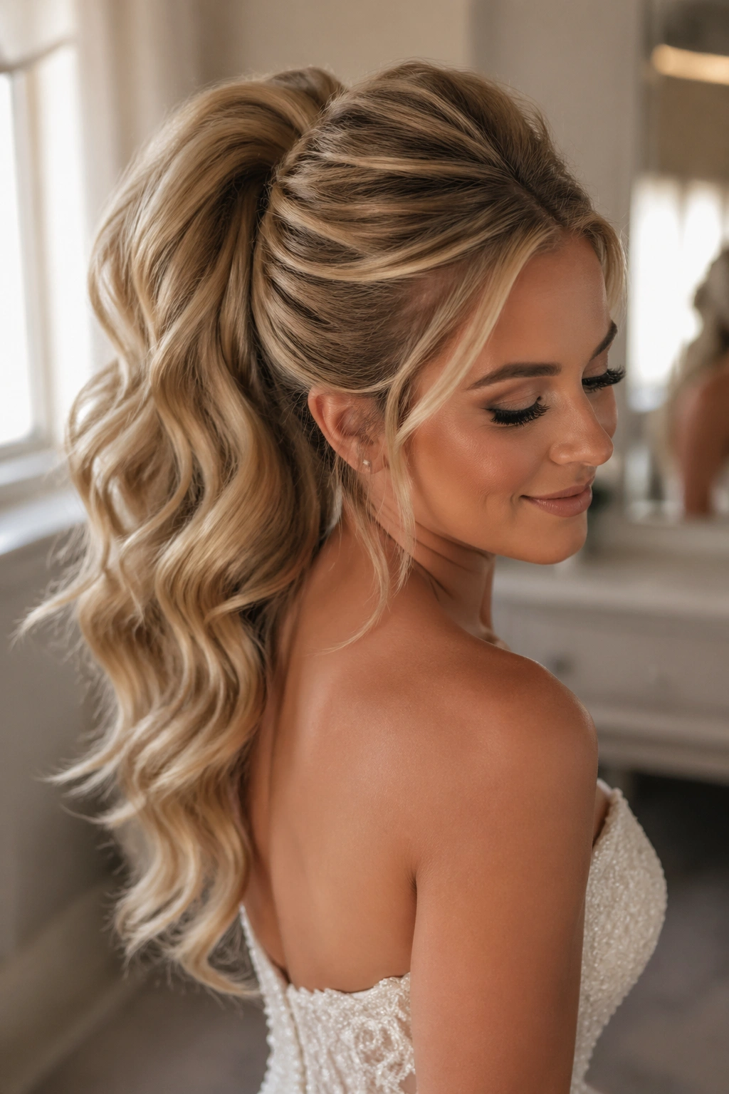 Close-up of real bride with High Glam Wavy Ponytail With Volume hairstyle