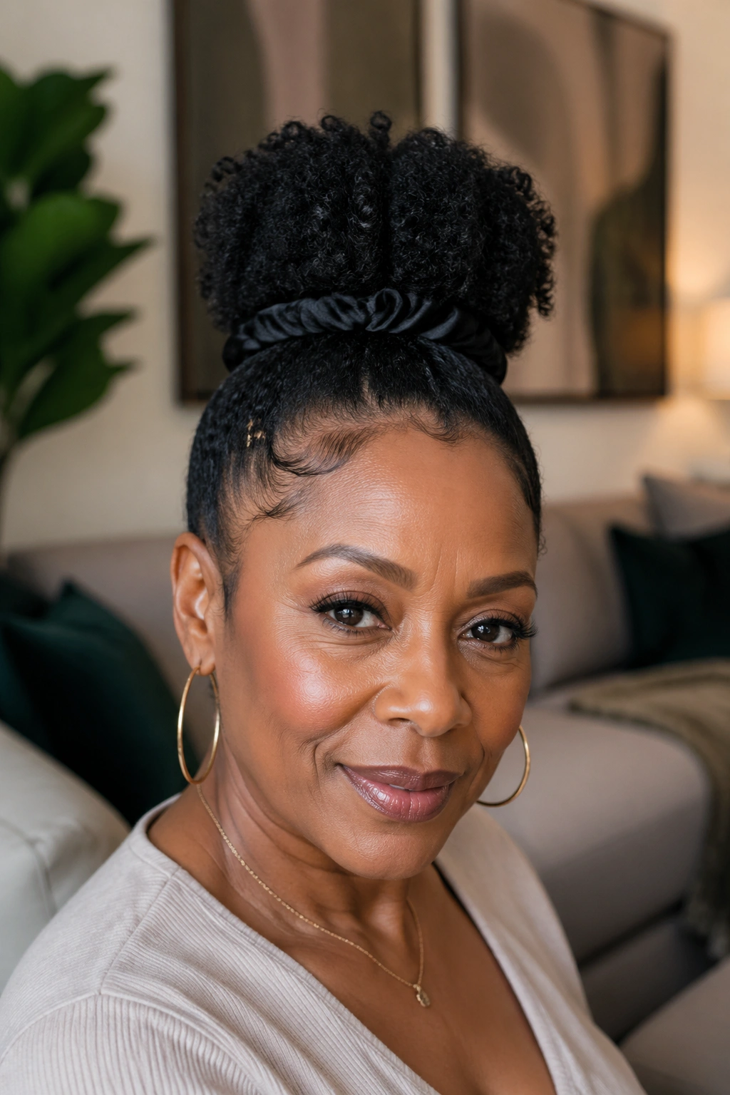 Close-up of a real woman with a high-neck afro bun showing natural texture