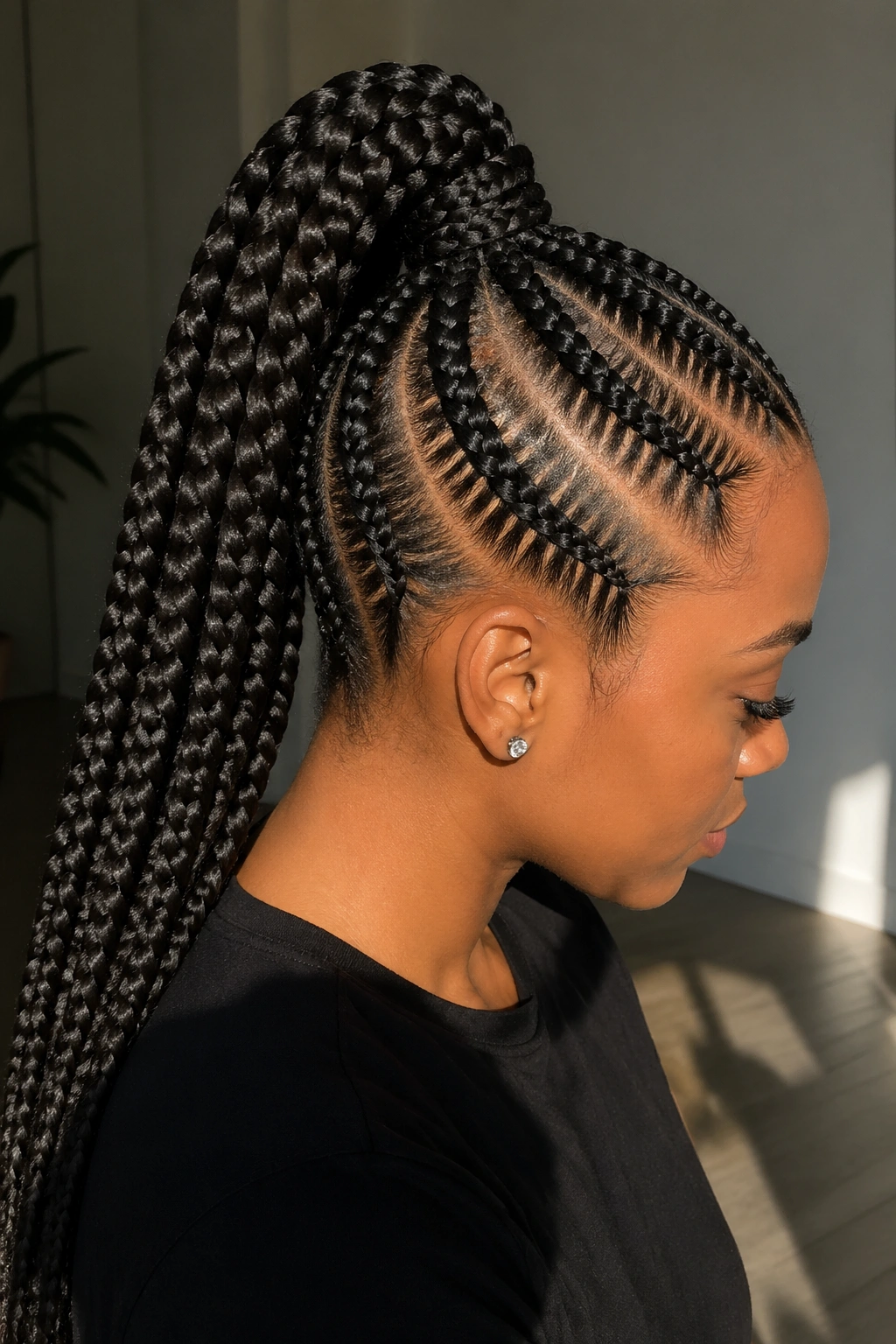 Close-up of a real person with big cornrows tied into a high ponytail.