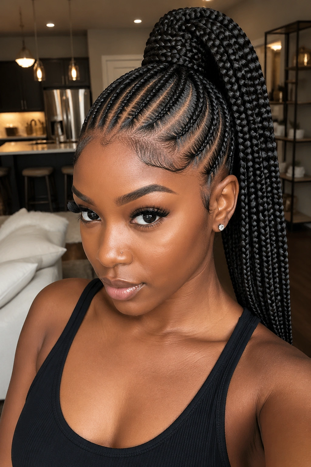 Real woman with a high ponytail created from feed-in cornrows.