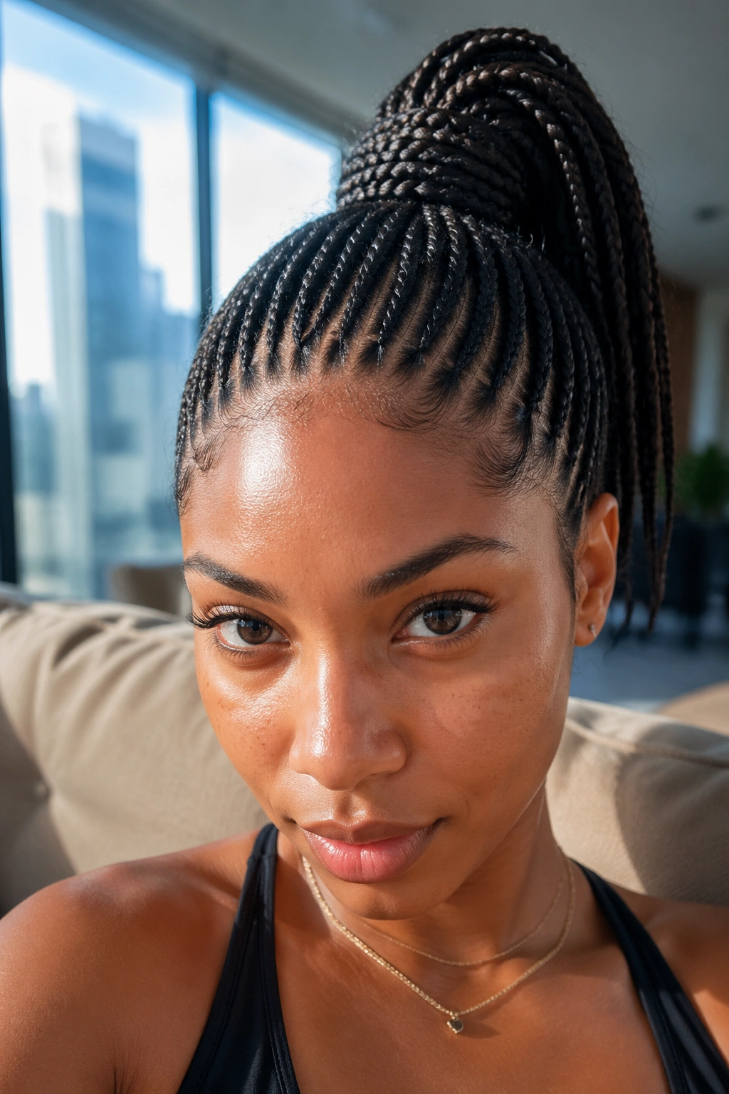 High ponytail created from all-back cornrows at the crown.