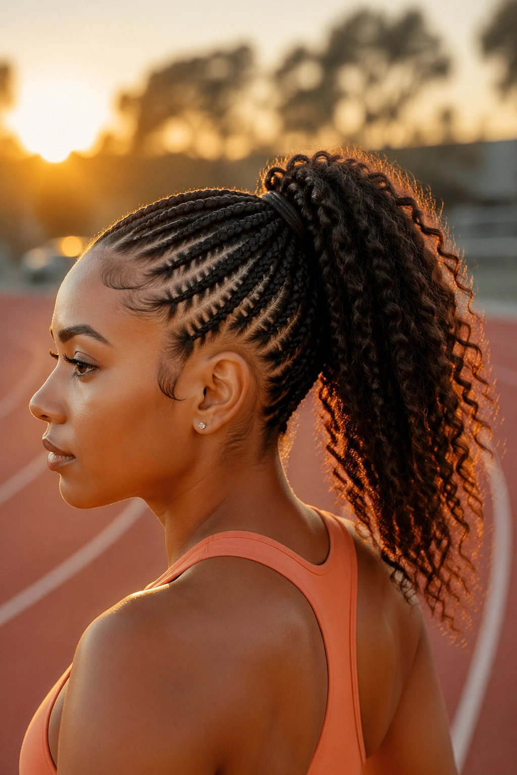 Side-profile of a real person with a high crown ponytail of curly hair