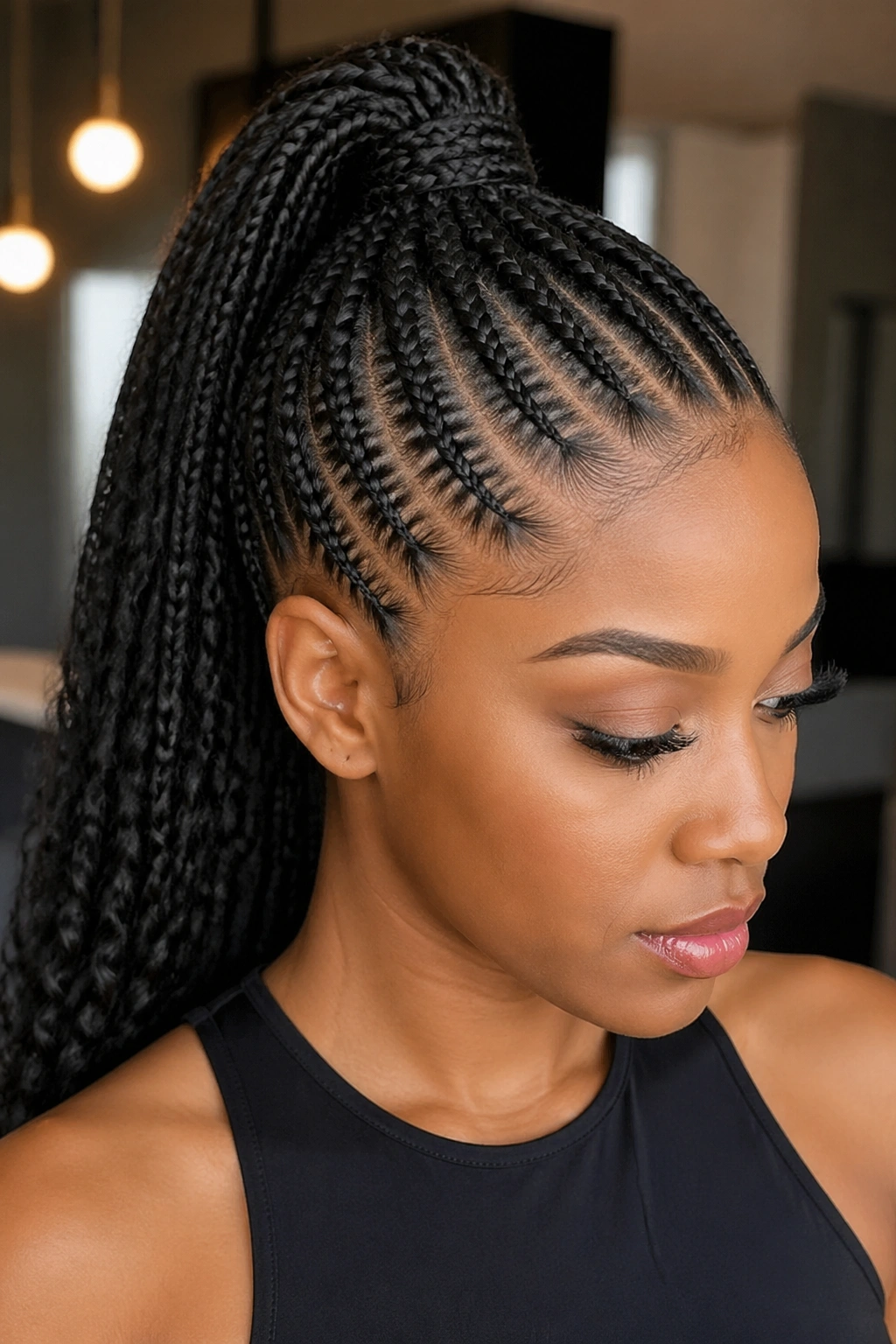 Close-up of a woman with feed-in cornrows into a high ponytail