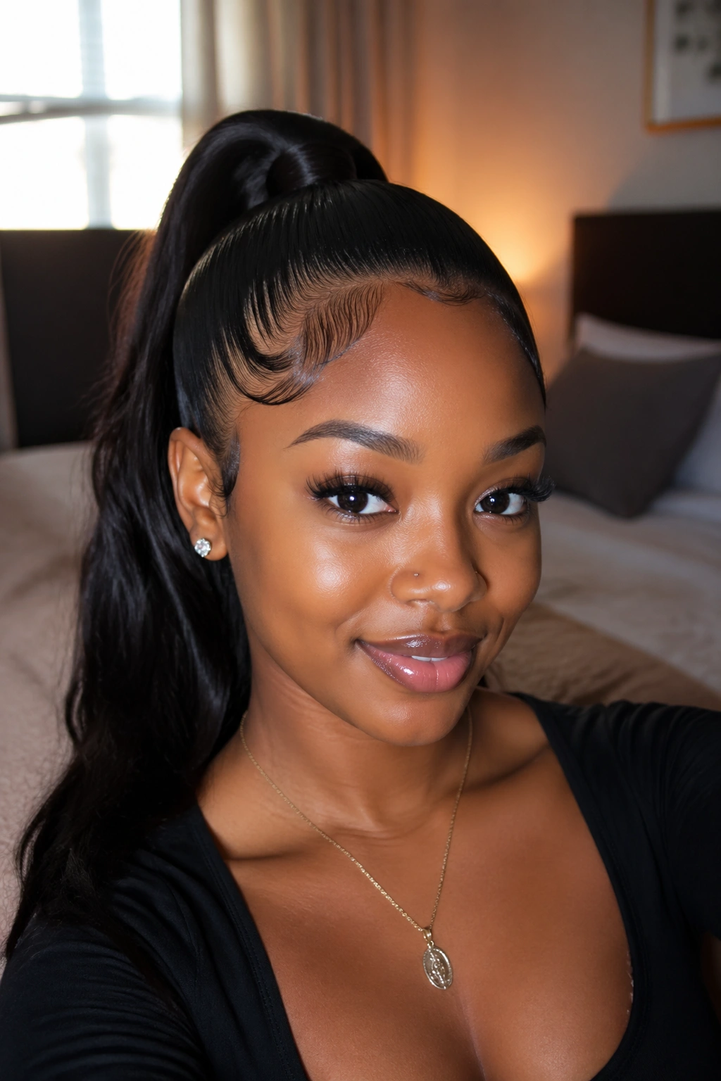 Close-up of a real Black woman with a high ponytail and neat laid edges in warm bedroom light