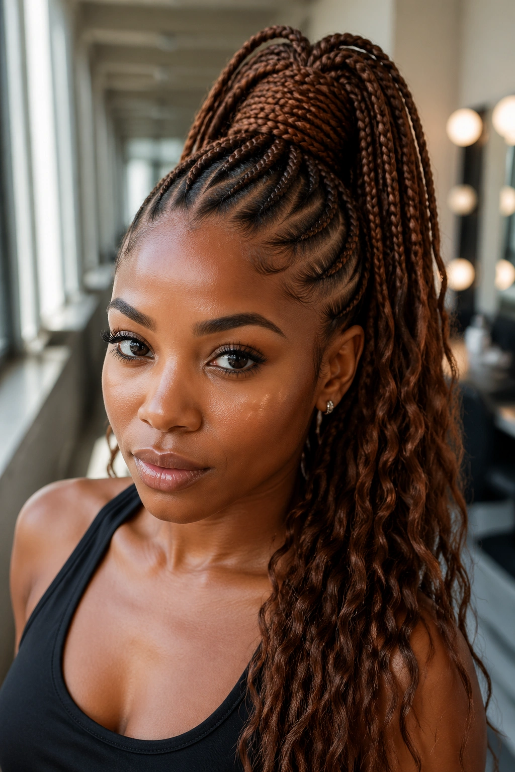 Real person with stitch cornrows into a high ponytail, hair dominating frame