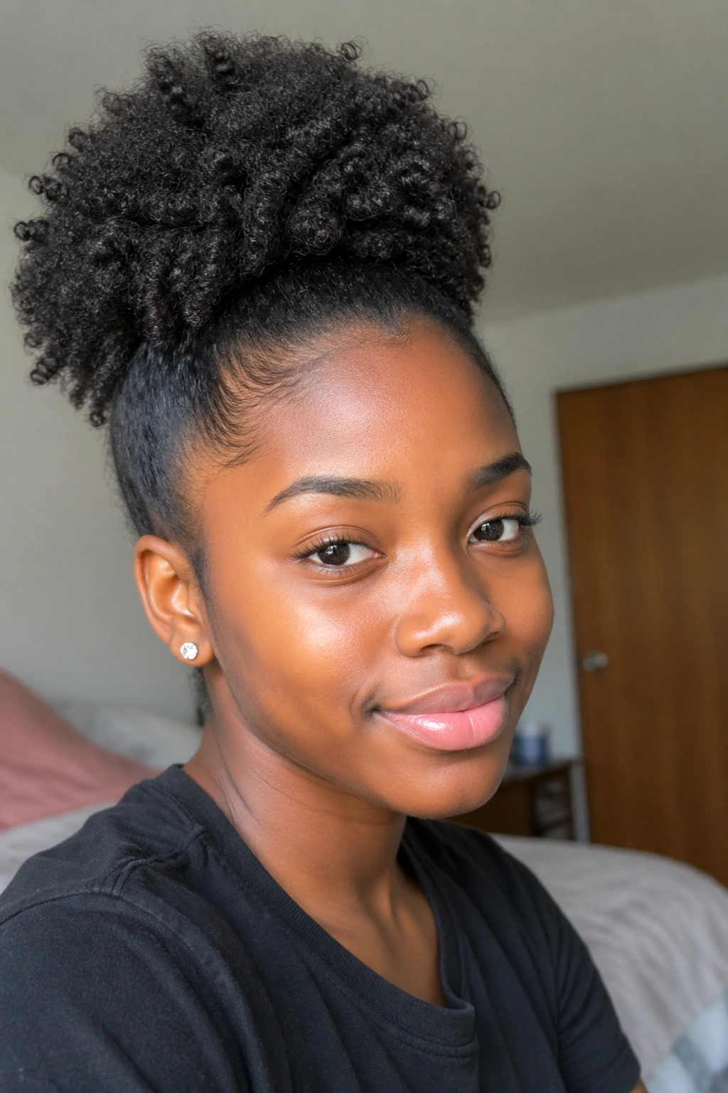 Real person with high puff hairstyle in dorm room