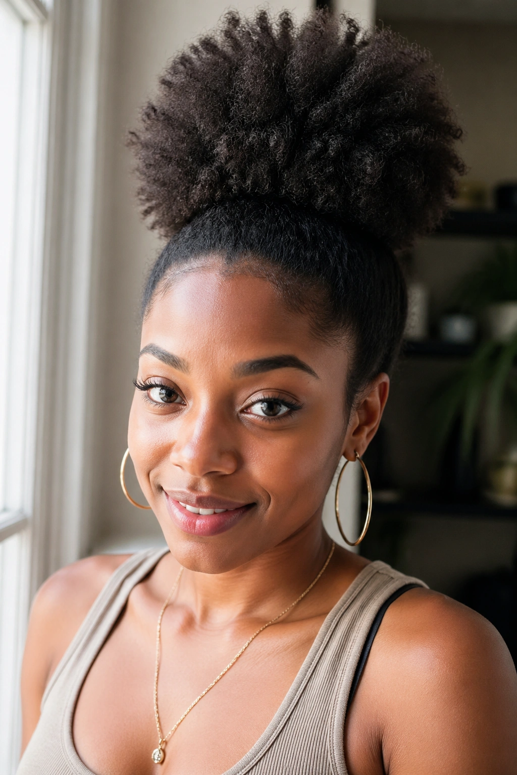Real woman with classic high puff at crown in natural light