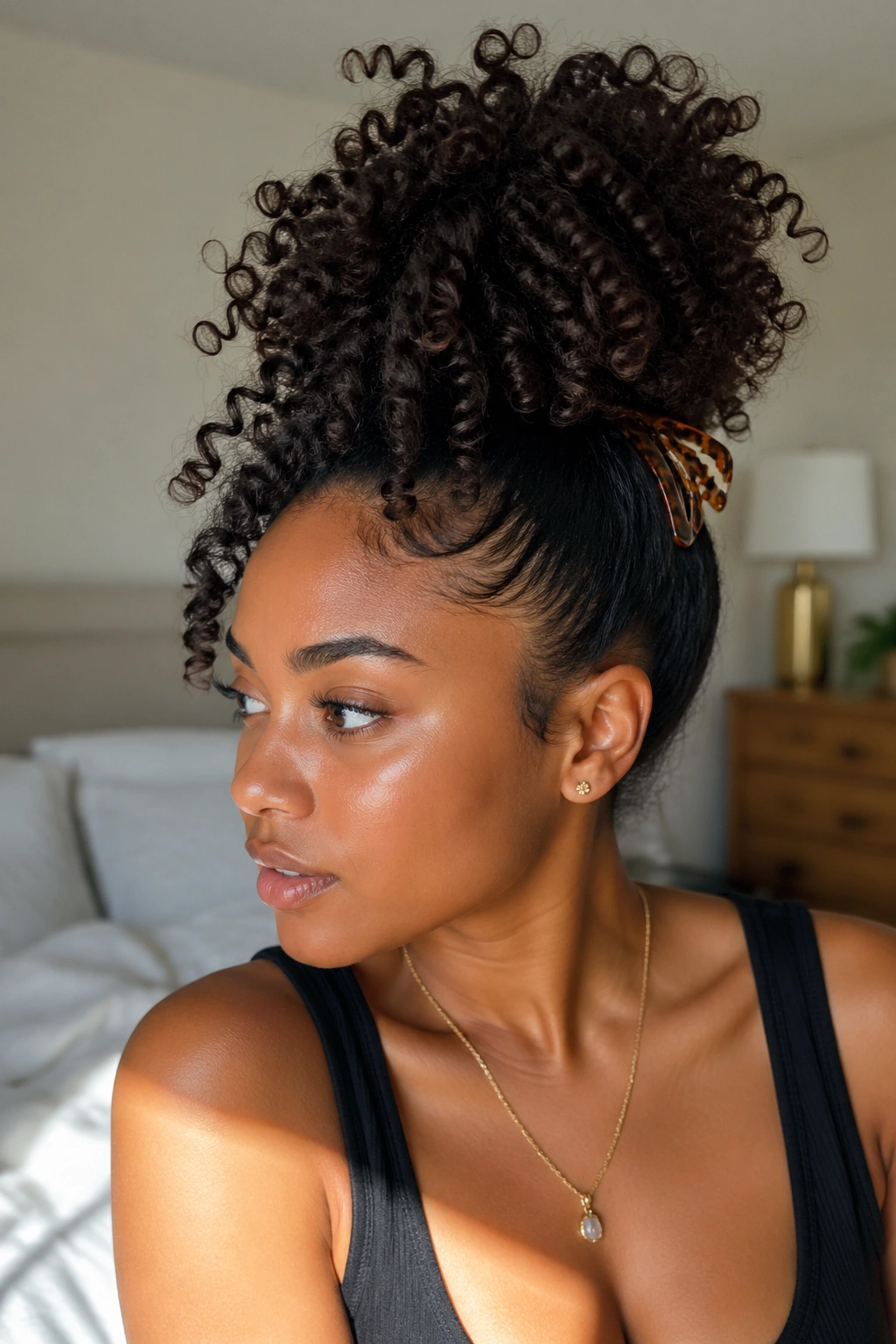 Close-up of a real woman with a high puff claw clip ponytail