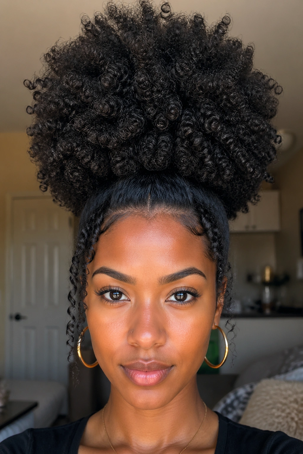 Front-facing portrait showing a towering high puff on thick curls
